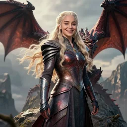 portrait of happy beautiful daenerys targaryen with long blonde windblown hair and dragonskin armor, standing on a ledge of a mountain with dragons next to her, glamour pose, detailed illustration, digital art, trending on artstation, soft ambient lighting, volumetric lighting, rim lighting, yoshitaka amano, daniel merriam, arney freytag