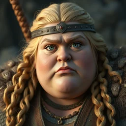 a handsome corpulent viking girl with blond hair, clash royal style characters, unreal engine 5, octane render, detailed, cinematografic, cinema 4 d