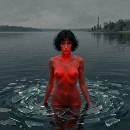 shore of the lake, woman, glass shards floating around her, short black curly hair, glowing red, by edgar maxence and ross tran, zdzisław beksinski, un and michael whelan, distant, gustav dore, h. r. giger, 8 k, octane render