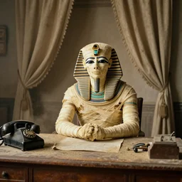Portrait of an egyptian mummy sitting at a very old desk, with very old curtains in the room. The desk has a very old phone on it. Dusty air. Interview.