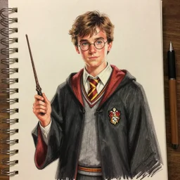 sin city style drawing of charlie day as a hogwarts uniform student, holding wand