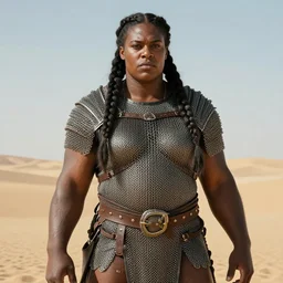 portrait, a huge barbarian woman with braided hair wearing iron chainmail, dark skin, standing bold and proud, highly detailed, sharp focus, in the desert, full rendered, trending on artstation by jeff easley