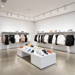 large nike boutique flagship retail. white walls. polished concrete floor. display tables with colorful shoes and varied clothes. bright digital screens on walls. low ceilings with downlights and spots. white corian and oak furniture. plants. muted colors. hyperdetailed.