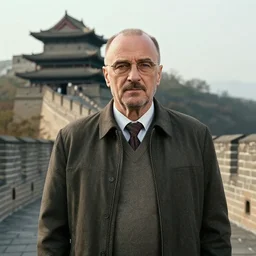 saul goodman next to the great wall of china, hyper realistic, smooth lighting, mid shot