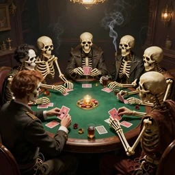 a group mafia of skeletons playing cards, gambling, drinking alcohol and smoking around a round table, decade 20s, old film, digital fantasy art, trending in deviantart, hyperdetailed, high quality, cinematic