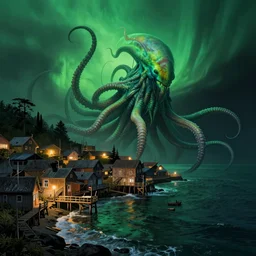 landscape view on an old fishing village at night, a fit humanoid tentacled monster emerging from the ocean, night colors, high - key lighting, beautiful composition, intricate, gradient from green to black, pro photography by, highly detailed, digital painting, art by artgerm and greg rutkowski and alphonse mucha, smooth, sharp focus illustration