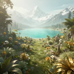 a paradise garden, a land of the dead, divine, hazy, volumetric lighting, snowy summits in the background, vast turquoise lake, lush flora, empty, very detailed, serene, gold accents, washed out colors, beautiful digital artwork, photorealistic, master level composition, raytracing