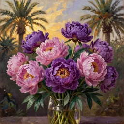 still life painting of a beautiful bouquet of purple and pink peonies by pieter claesz, palm trees in the background, oil on canvas, strong lighting, highly detailed, hyper realism, golden hour, god rays, hd, 4 k