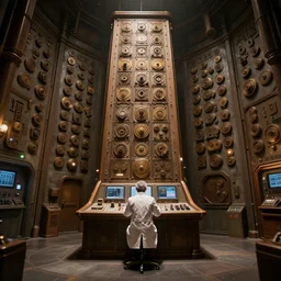 room with towering control panel in the middle, doctor who operating the panels, round things pattern on the wall, in steampunk style