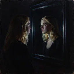 silhouette of a Elle Fanning gazing in a mirror, pitch black room, extremely detailed masterpiece, oil on canvas, realist, low-key neon lighting, artstation, Blade Runner 2049, Roger Deakin’s cinematography, by Ali Cavanaugh,