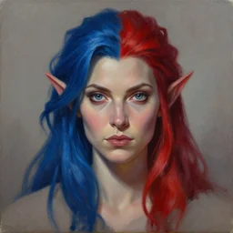 A detailed matte oil on canvas head on symmetrical portrait of a distinguished elven woman with blue and red hair,  by Charlie bowater and lise deharme wlop, trending on artstationhd,  dungeons and dragons art, critical role