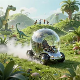 a spherical mechanical car driving through a beautiful wonderland, smoke - filled ， green hill, many interstellar plants, little dinosaur and man dance together in the glass camp, futuristic concept design, airscape, high detail render by octane, unreal engine, 8 k, cinematic