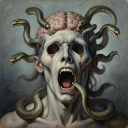 an oil on canvas painting of a screaming decapitated man's petrified face with blank eye sockets and biting serpents swarming out of his exposed brain, a surrealist painting, polycount, surrealism, surrealist, lovecraftian, cosmic horror