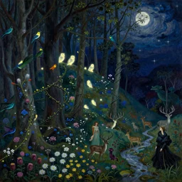 painterly dreamy dark midnight hill in the forest with trees, flowers, birds, glowing owls, deers, barely seen women, lianas, thistles, fantasy creatures, a stream and sky with moon and stars by Mikhail Vrubel, Alexei Savrasov, Aron Wiesenfeld, dark fantasy, witcher, very detailed oil painting in the alla prima style, masterpiece, 8k