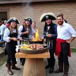 colleagues having a pirate themed barbecue