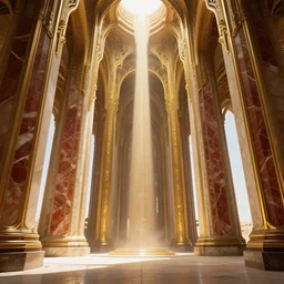 interior of a futuristic goddess temple with gold, red and white marble panels, shafts of sunlight in the centre, in the desert, by h r giger, intricate contemporary architecture with art nouveau motifs, photo journalism, photography, cinematic, national geographic photoshoot