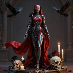 full-body cyberpunk style sculpture of a young beautiful dark priestess, half android with a head opening exposing circuitry, glowing red eyes, black roses,  flowing blood red colored silk, fabric, candles. baroque elements, human skull. full-length view. baroque element. intricate artwork by caravaggio. crows flying in  background. Trending on artstation, octane render, cinematic lighting from the right, hyper realism, octane render, 8k, depth of field, 3D