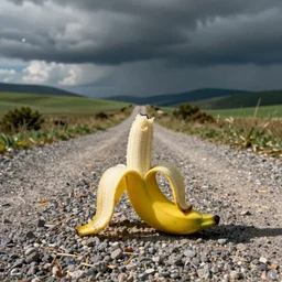 gravel road eating banana