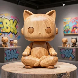 8 k octan, advertising, highly detailed, photo, a totally wooden figurine collectible art toys wooden on feet, very cute fat cyborg meditation zen with cat ears, cyberpunk, graffiti ratio, design, showroom dealership indoor display convention exhibition a contemporary art gallery masterpiece as funko - a k _ dpm _ 2