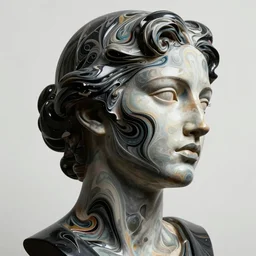hyper realistic. abstract female face silhouette mixing with black and color liquid fluid. abstract sculpture. art deco swirls. masterpiece by michelangelo. concept art, matte painting. greg rutkowski, wlop, victo ngai