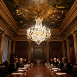 board room inside a secret society, illuminati, chandelier, massive, beautiful, ominous, painting on the ceiling, perspective of a guest sitting down
