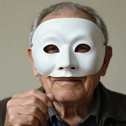 close - up portrait of a wrinkled old man wearing a pulcinella mask holding up a pizza!! to behold, clear eyes looking into camera, baggy clothing and hat, masterpiece photo by joe mcnally