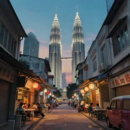 backlane alley hawker street with kuala lumpur twin towers in the background, evening, highly detailed matte painting, studio ghibli, artstation