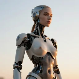 beautiful Fine art photography of a solarpunk part robot part sensual human girl with real human face and torso, white background, highly detailed, medium shot, photorealism, sunset lighting 8k