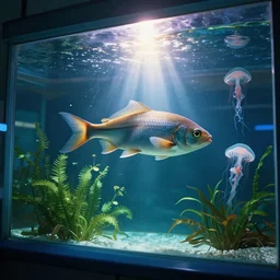 big fish escapes from a hospital room inside an aquarium where plants are visible, cinematic lighting, sun, jellyfishes, glass, reflection, trending on artstation, glare