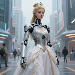 photograph of realistic princess adora reimagined in the future as a cyborg, standing in future city streets