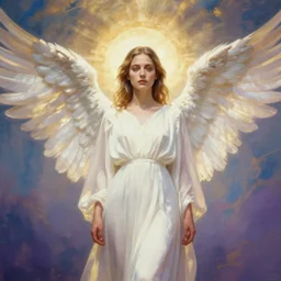 in the style of Joshua Middleton art, goddess, Evan Rachel Wood, pale, holy, angelic, gorgeous, full body white dress, symmetrical face, symmetrical eyes, sky, high fantasy, warm lighting, analog photography, painting, gold, blue, white, purple