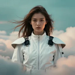 symmetry!!! closeup portrait! of a samurai racer girl, fashion white jumpsuit, shoulder pads, in clouds, cinematic light, windy, teal orange, volumetric smoke, by gerald brom, by mikhail vrubel, by peter elson, muted colors, extreme detail, trending on artstation, 8 k