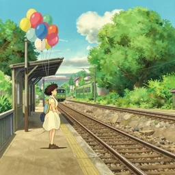 a beautiful matte painting of hayao miyazaki's cartoon style, train station, summer, rail, trees, sunshine, balloons, 4 k wallpaper, very detailed, ghibli studio