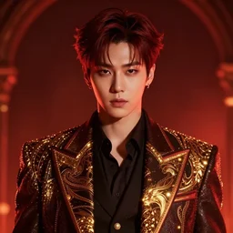 jungkook jeon as a vampire. wearing intricate styled suit, semi realism, anime realism, korean symmetrical face, slim face, appealing, bright eyes, photorealism, uhd, amazing depth, glowing, golden ratio, sakimichan, greg rutowski, volumetric lighting, cinematic lighting, red orange lighting, artstation concept art