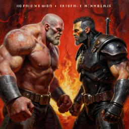 a fight promotional poster of doomguy and masterchief face to face in hell, 8 k, stunning detail, works by artgerm, oil on canvas by gerald brom and greg rutkowski, michael cheval, peter murbacher, boris vallejo, jessica rossier, cinematic lighting, high detail, masterpiece, a lot of wow, artstation headquarters