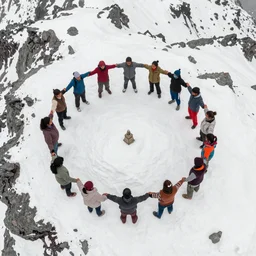 Aerial photograph of sikkim people holding hands in a circle on top of a mountain, realistic