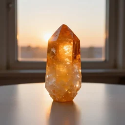 a giant translucent orange and yellow crystal on a white table near a window at sunset, hyperrealistic, highly detailed, high qualit, 8K, godrays, warm lighting, path traced, high coherence, calm, macro photo, centered, symmetrical, photorealistic, low contrast, serene landscape, beautiful