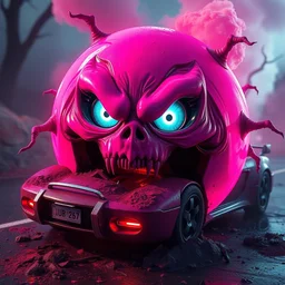 hyperrealistic evil pink sphere with eyes devours a car, hyperrealistic very detailed 8 k render in unreal engine