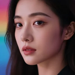 a beautiful woman with beautiful face with eyes and lips with a colorful background, cinematic lighting, establishing shot