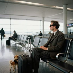 man with eye glasses, luggage, dog, waiting in a large airport lounge looking at the horizon. photo by henri cartier bresson