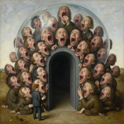 large portal bubble to tiny man and a million screaming mouths, uneasy, unsettling, by hieronymus bosch, trending on artstation, trending on nightcafe, by alexander fedosa oil on canvas