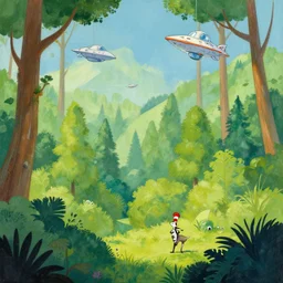 Rainforest landscape in the style of Dr. Seuss, starships, painting by Ralph McQuarrie