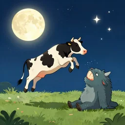 a cow jumping over the moon and then he's by some stars and then a monster hit his head and he fell down, digital art