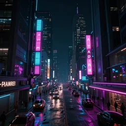 A magnificent dark neon futuristic cyberpunk city bustling street at night made in cinema4d, hyper realistic, extreme details, cinematic  | 8k video | in the style of bladerunner