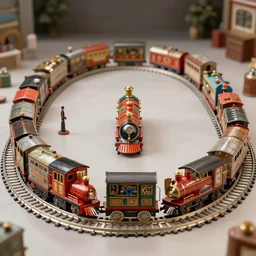 wide - angle portrait of a retro tin toy train set, depth of field, zeiss lens, detailed, symmetrical, centered, fashion photoshoot, by nicoletta ceccoli, mark ryden, lostfish, earl nore, hyung tae, frank frazetta, breathtaking, 8 k resolution, extremely detailed, beautiful, establishing shot, artistic, hyperrealistic, octane render