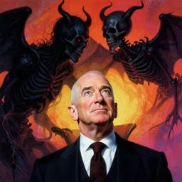 A psychedelic portrait of evil jeff bezos looking up at black demon of death , vibrant color scheme, highly detailed, in the style of romanticism, cinematic, artstation, Moebius, Greg rutkowski