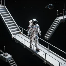 mysterious man in silver space suit, walking on an industrial catwalk with stairs that lead nowhere, floating in deep space, 4 k photograph, isometric view