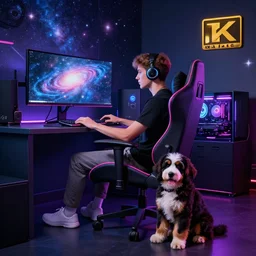young gamer sitting in gaming chair + neon rgb light strips, large computer monitor, galaxy themed room, cute bernedoodle puppy sitting at his feet, 4 k, award winning, octane render, volumetric lighting