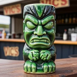 a closeup photorealistic photograph of a glossy hulk style tiki mug sitting at an outdoor trader vic's bar featuring hulk's face. tiki theme. green and black. bright scene. fine detail. this 4 k hd image is trending on artstation, featured on behance, well - rendered, extra crisp, features intricate detail, epic composition and the style of unreal engine.