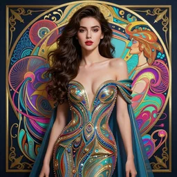 a super realistic sexy young woman, fantasy, intricate, synthwave, retrowave, colorful, vibrant, highly-detailed, elegant, dramatic lighting, gorgeous face, lifelike, photorealistic face, long luxurious intricate gown, digital painting, artstation,  illustration, concept art, smooth, sharp focus, art by Jude Palencar, John Collier, artgerm, and Albert Aublet and Krenz Cushart and Artem Demura and Alphonse Mucha